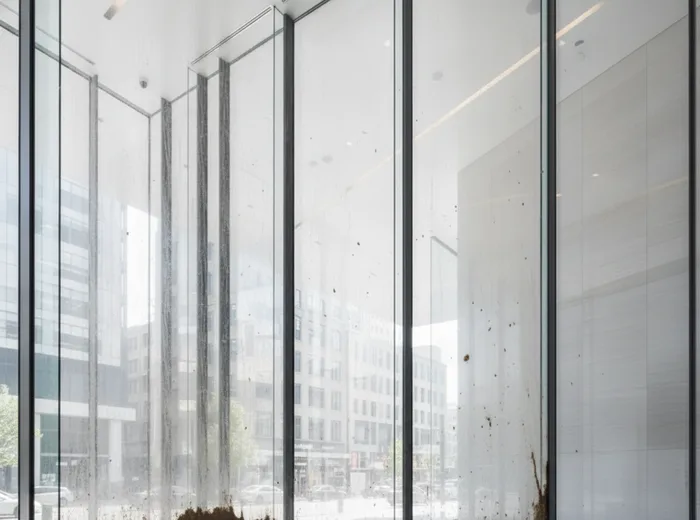 Commercial window before professional cleaning in Portland